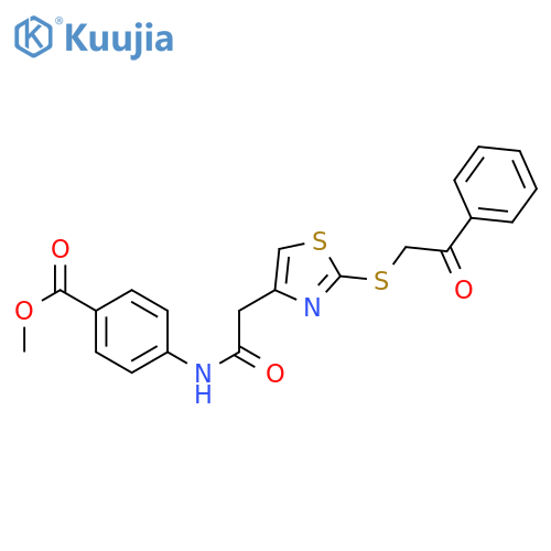 methyl 4-(2-{2-(2-oxo-2-phenylethyl)sulfanyl-1,3-thiazol-4-yl}acetamido)benzoate structure