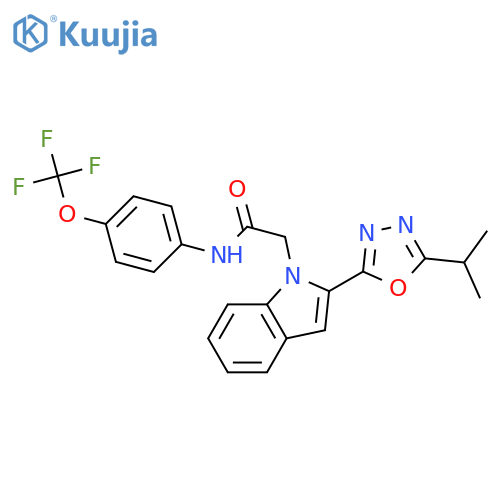 2-{2-5-(propan-2-yl)-1,3,4-oxadiazol-2-yl-1H-indol-1-yl}-N-4-(trifluoromethoxy)phenylacetamide structure