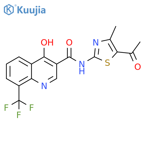 N-(5-acetyl-4-methyl-1,3-thiazol-2-yl)-4-hydroxy-8-(trifluoromethyl)quinoline-3-carboxamide structure