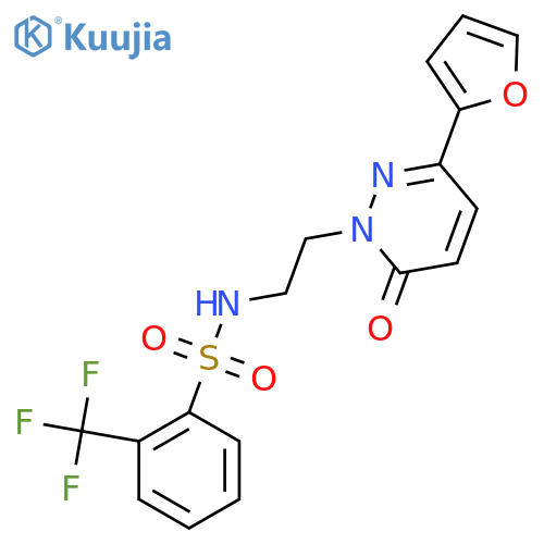 N-{2-3-(furan-2-yl)-6-oxo-1,6-dihydropyridazin-1-ylethyl}-2-(trifluoromethyl)benzene-1-sulfonamide structure