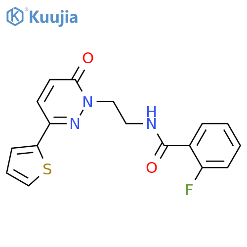 2-fluoro-N-{2-6-oxo-3-(thiophen-2-yl)-1,6-dihydropyridazin-1-ylethyl}benzamide structure