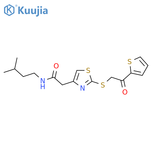 N-(3-methylbutyl)-2-(2-{2-oxo-2-(thiophen-2-yl)ethylsulfanyl}-1,3-thiazol-4-yl)acetamide structure