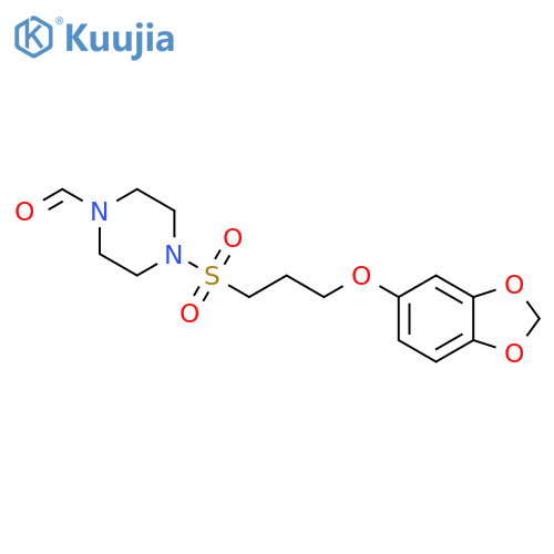 4-3-(2H-1,3-benzodioxol-5-yloxy)propanesulfonylpiperazine-1-carbaldehyde structure