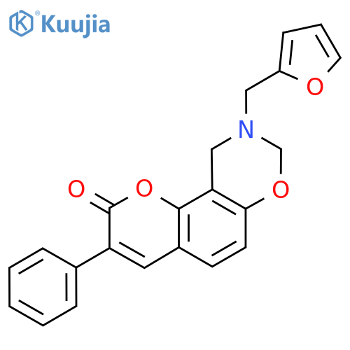 9-(furan-2-yl)methyl-3-phenyl-2H,8H,9H,10H-chromeno8,7-e1,3oxazin-2-one structure