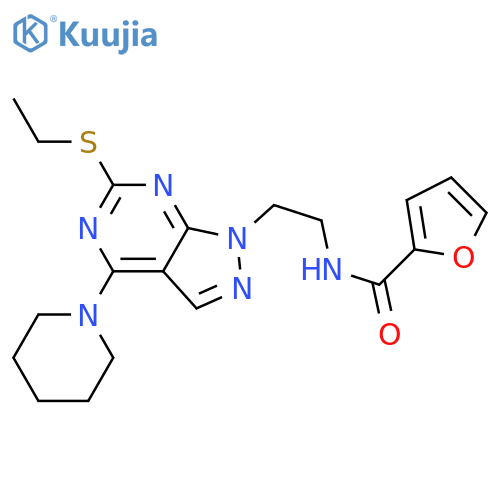 N-{2-6-(ethylsulfanyl)-4-(piperidin-1-yl)-1H-pyrazolo3,4-dpyrimidin-1-ylethyl}furan-2-carboxamide structure