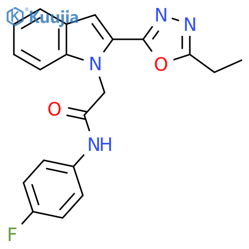 2-2-(5-ethyl-1,3,4-oxadiazol-2-yl)-1H-indol-1-yl-N-(4-fluorophenyl)acetamide structure