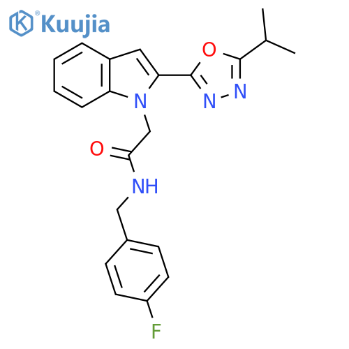 N-(4-fluorophenyl)methyl-2-{2-5-(propan-2-yl)-1,3,4-oxadiazol-2-yl-1H-indol-1-yl}acetamide structure