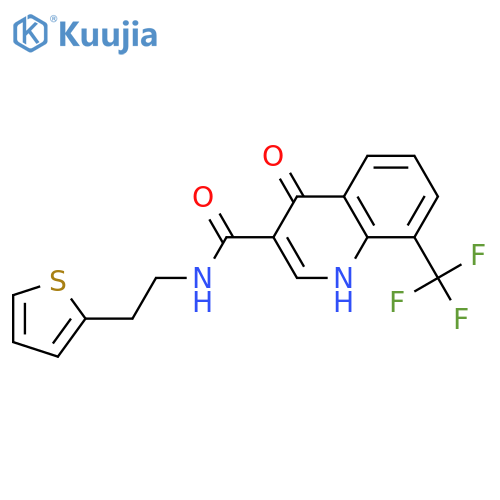 4-hydroxy-N-2-(thiophen-2-yl)ethyl-8-(trifluoromethyl)quinoline-3-carboxamide structure