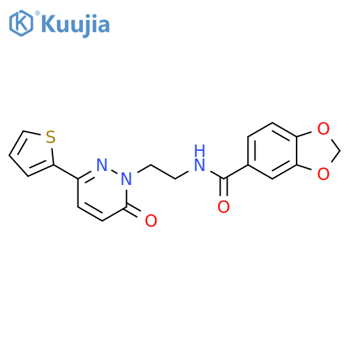 N-{2-6-oxo-3-(thiophen-2-yl)-1,6-dihydropyridazin-1-ylethyl}-2H-1,3-benzodioxole-5-carboxamide structure