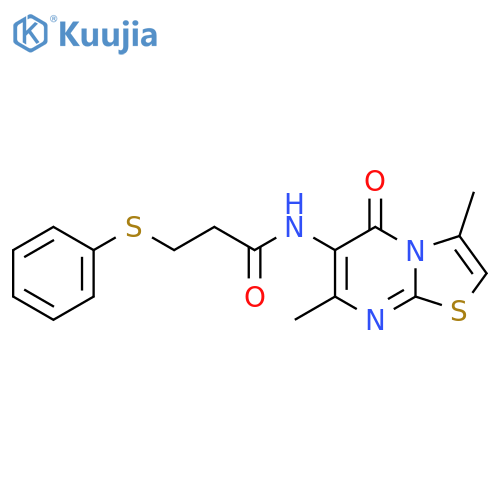 N-{3,7-dimethyl-5-oxo-5H-1,3thiazolo3,2-apyrimidin-6-yl}-3-(phenylsulfanyl)propanamide structure