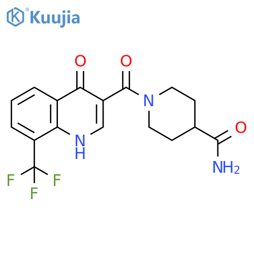 1-4-hydroxy-8-(trifluoromethyl)quinoline-3-carbonylpiperidine-4-carboxamide structure