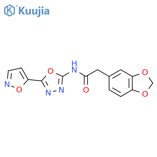 2-(2H-1,3-benzodioxol-5-yl)-N-5-(1,2-oxazol-5-yl)-1,3,4-oxadiazol-2-ylacetamide structure
