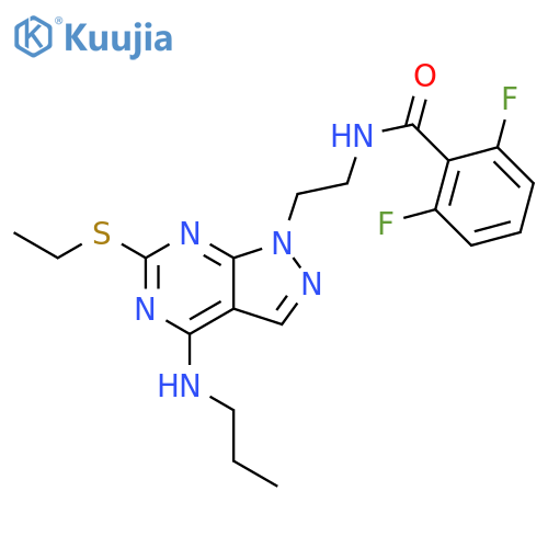 N-{2-6-(ethylsulfanyl)-4-(propylamino)-1H-pyrazolo3,4-dpyrimidin-1-ylethyl}-2,6-difluorobenzamide structure