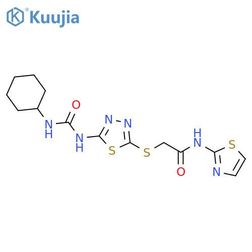 2-({5-(cyclohexylcarbamoyl)amino-1,3,4-thiadiazol-2-yl}sulfanyl)-N-(1,3-thiazol-2-yl)acetamide structure