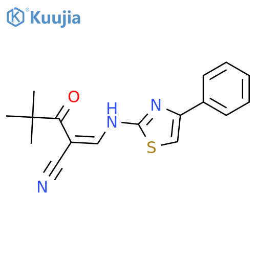 4,4-dimethyl-3-oxo-2-{[(4-phenyl-1,3-thiazol-2-yl)amino]methylidene}pentanenitrile structure