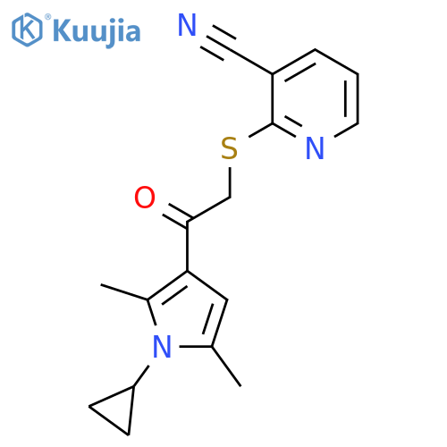 2-{[2-(1-cyclopropyl-2,5-dimethyl-1H-pyrrol-3-yl)-2-oxoethyl]sulfanyl}pyridine-3-carbonitrile structure