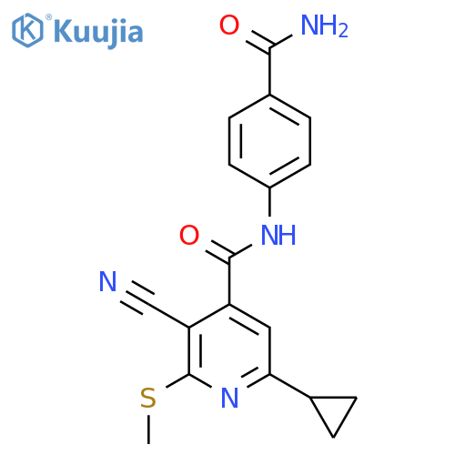 N-(4-carbamoylphenyl)-3-cyano-6-cyclopropyl-2-(methylsulfanyl)pyridine-4-carboxamide structure