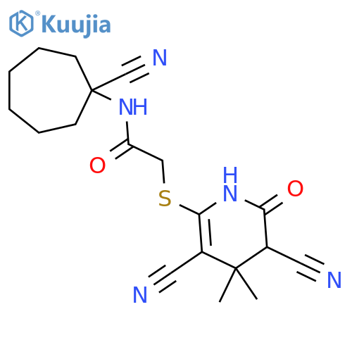 N-(1-cyanocycloheptyl)-2-[(3,5-dicyano-4,4-dimethyl-6-oxo-1,4,5,6-tetrahydropyridin-2-yl)sulfanyl]acetamide structure
