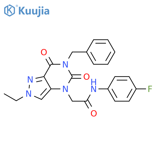 2-{6-benzyl-2-ethyl-5,7-dioxo-2H,4H,5H,6H,7H-pyrazolo4,3-dpyrimidin-4-yl}-N-(4-fluorophenyl)acetamide structure
