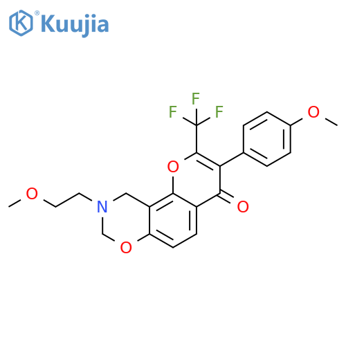 9-(2-methoxyethyl)-3-(4-methoxyphenyl)-2-(trifluoromethyl)-4H,8H,9H,10H-chromeno8,7-e1,3oxazin-4-one structure