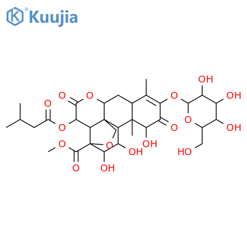 methyl (1beta,11beta,12alpha,13xi,15beta)-3-(beta-D-glucopyranosyloxy)-1,11,12-trihydroxy-15-[(3-methylbutanoyl)oxy]-2,16-dioxo-13,20-epoxypicras-3-en-21-oate structure