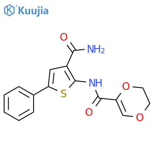 N-(3-carbamoyl-5-phenylthiophen-2-yl)-5,6-dihydro-1,4-dioxine-2-carboxamide structure