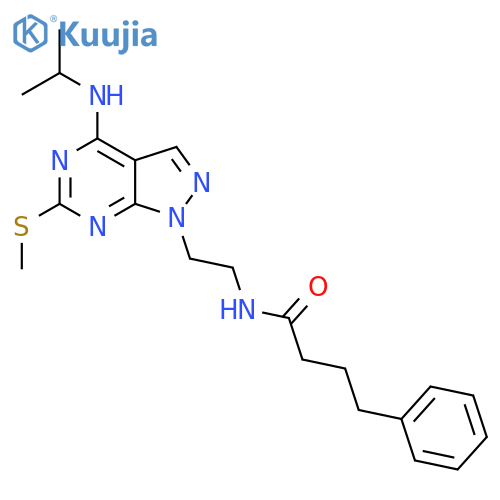 N-{2-6-(methylsulfanyl)-4-(propan-2-yl)amino-1H-pyrazolo3,4-dpyrimidin-1-ylethyl}-4-phenylbutanamide structure