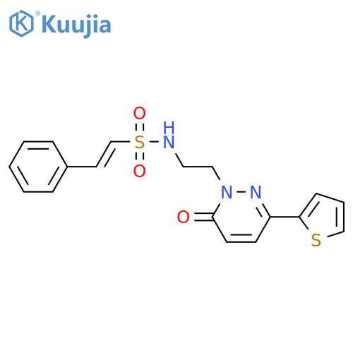 (E)-N-{2-6-oxo-3-(thiophen-2-yl)-1,6-dihydropyridazin-1-ylethyl}-2-phenylethene-1-sulfonamide structure