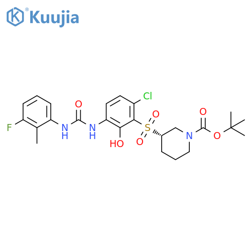 1,1-Dimethylethyl (3S)-3-[[6-chloro-3-[[[(3-fluoro-2-methylphenyl)amino]carbonyl]amino]-2-hydroxyphenyl]sulfonyl]-1-piperidinecarboxylate structure