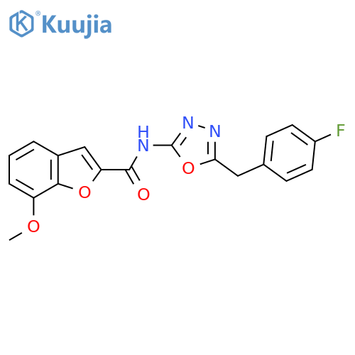 N-{5-(4-fluorophenyl)methyl-1,3,4-oxadiazol-2-yl}-7-methoxy-1-benzofuran-2-carboxamide structure