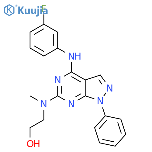 2-({4-(3-fluorophenyl)amino-1-phenyl-1H-pyrazolo3,4-dpyrimidin-6-yl}(methyl)amino)ethan-1-ol structure