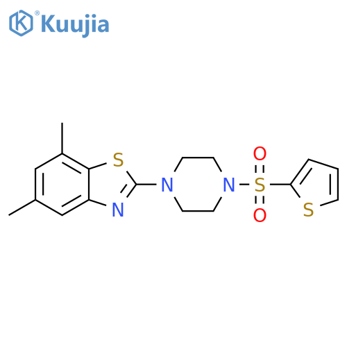5,7-dimethyl-2-4-(thiophene-2-sulfonyl)piperazin-1-yl-1,3-benzothiazole structure