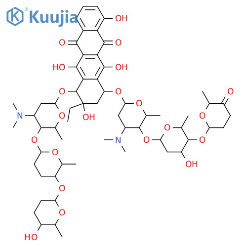 5,12-Naphthacenedione, 8-ethyl-7,8,9,10-tetrahydro-1,6,8,11-tetrahydroxy-10-[[2,3,6-trideoxy-4-O-[2,6-dideoxy-4-O-[(2R,6S)-tetrahydro-6-methyl-5-oxo-2H-pyran-2-yl]-α-L-lyxo-hexopyranosyl]-3-(dimethylamino)-α-L-lyxo-hexopyranosyl]oxy]-7-[[2,3,6-trideoxy-3-(dimethylamino)-4-O-[(2S,5S,6S)-tetrahydro-6-... structure