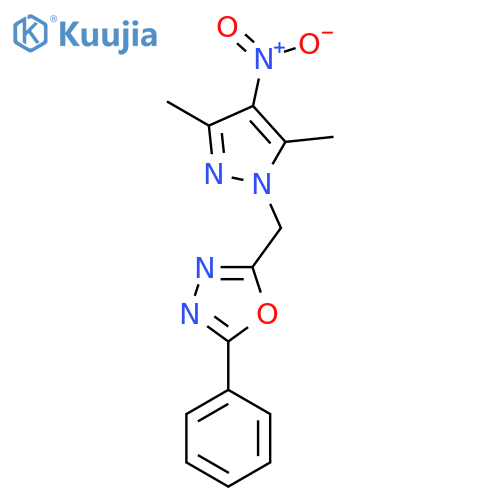2-(3,5-Dimethyl-4-nitro-pyrazol-1-ylmethyl)-5-phenyl-[1,3,4]oxadiazole structure