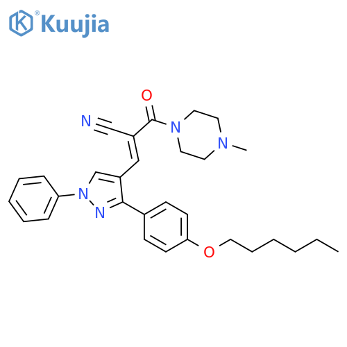 (E)-3-[3-(4-hexoxyphenyl)-1-phenylpyrazol-4-yl]-2-(4-methylpiperazine-1-carbonyl)prop-2-enenitrile structure