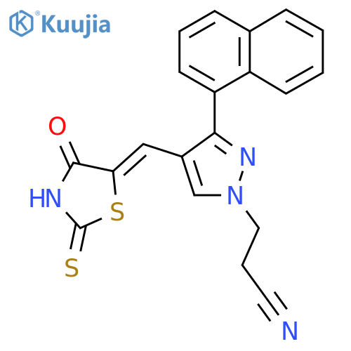 3-3-(naphthalen-1-yl)-4-{(5Z)-4-oxo-2-sulfanylidene-1,3-thiazolidin-5-ylidenemethyl}-1H-pyrazol-1-ylpropanenitrile structure