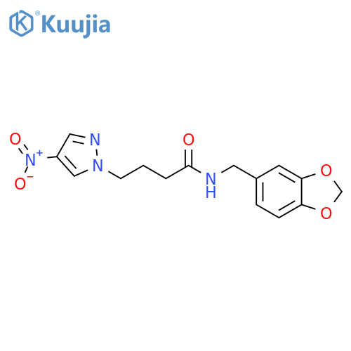 N-(1,3-benzodioxol-5-ylmethyl)-4-(4-nitro-1H-pyrazol-1-yl)butanamide structure