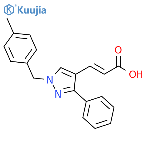 (2E)-3-{1-(4-methylphenyl)methyl-3-phenyl-1H-pyrazol-4-yl}prop-2-enoic acid structure