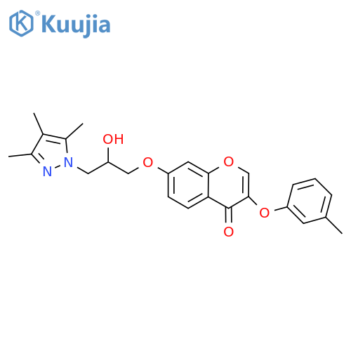 7-2-hydroxy-3-(3,4,5-trimethyl-1H-pyrazol-1-yl)propoxy-3-(3-methylphenoxy)-4H-chromen-4-one structure
