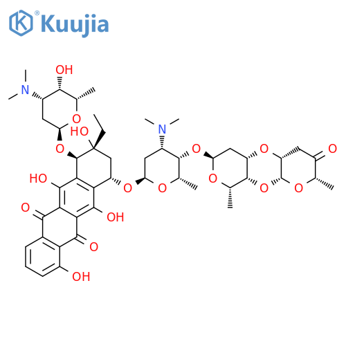 5,12-Naphthacenedione,10-[[[2''',3''-anhydro]-O-3,6-dideoxy-a-L-erythro-hexopyranos-4-ulos-1-yl-(1&reg;4)-O-2,6-dideoxy-a-L-lyxo-hexopyranosyl-(1&reg;4)-2,3,6-trideoxy-3-(dimethylamino)-a-L-lyxo-hexopyranosyl]oxy]-8-ethyl-7,8,9,10-tetrahydro-1,6,8,11-tetrahydroxy-7-[[2,3,6-trideoxy-3-(dimethylamino)-a-L-lyxo-hexopyranosyl]oxy]-,(7R,8R,10S)- structure