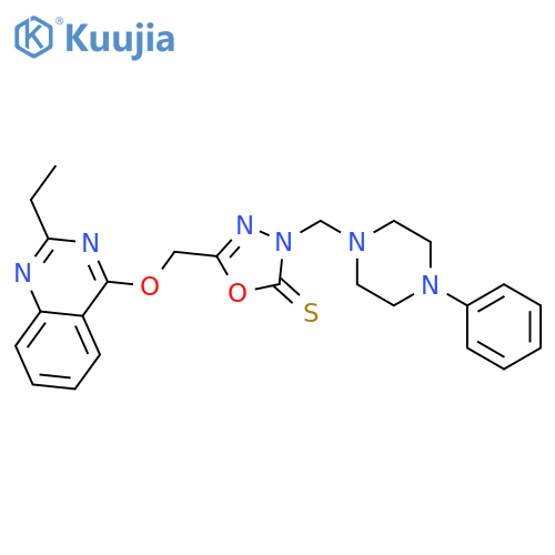 5-{[(2-ethylquinazolin-4-yl)oxy]methyl}-3-[(4-phenylpiperazin-1-yl)methyl]-1,3,4-oxadiazole-2(3H)-thione structure