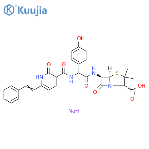 4-Thia-1-azabicyclo[3.2.0]heptane-2-carboxylic acid, 6-[[[[[1,2-dihydro-2-oxo-6-(2-phenylethenyl)-3-pyridinyl]carbonyl]amino](4-hydroxyphenyl)acetyl]amino]-3,3-dimethyl-7-oxo-, monosodium salt, [2S-[2α,5α,6β(S*)]]- (9CI) structure