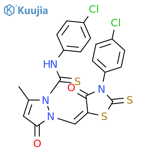 1H-Pyrazole-1-carbothioamide,N-(4-chlorophenyl)-2-[[3-(4-chlorophenyl)-4-oxo-2-thioxo-5-thiazolidinylidene]methyl]-2,3-dihydro-5-methyl-3-oxo- structure