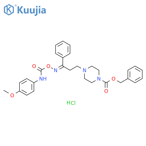 1-Piperazinecarboxylic acid, 4-[3-[[[[(4-methoxyphenyl)amino]carbonyl]oxy]imino]-3-phenylpropyl]-, phenylmethyl ester, hydrochloride (1:1) structure