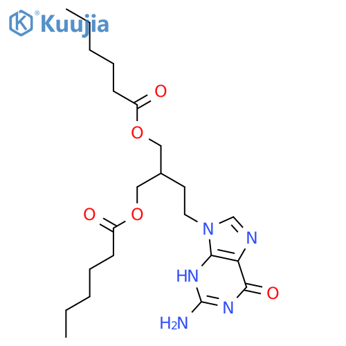 4-(2-amino-6-oxo-3,6-dihydro-9H-purin-9-yl)-2-[(hexanoyloxy)methyl]butyl hexanoate structure