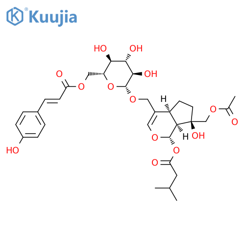 (-)-[(1S)-7α-Acetyloxymethyl-1,4aα,5,6,7,7aα-hexahydro-7β-hydroxy-1α-(3-methyl-1-oxobutoxy)cyclopenta[c]pyran-4-yl]methyl 6-O-[[(E)-2-(4-hydroxyphenyl)ethenyl]carbonyl]-β-D-glucopyranoside structure
