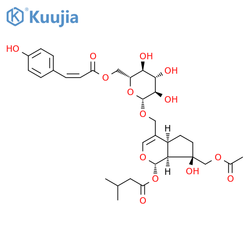 (-)-[(1S)-7α-[(Acetyloxy)methyl]-1,4aα,5,6,7,7aα-hexahydro-7β-hydroxy-1α-(3-methyl-1-oxobutoxy)cyclopenta[c]pyran-4-yl]methyl 6-O-[[(Z)-2-(4-hydroxyphenyl)ethenyl]carbonyl]-β-D-glucopyranoside structure