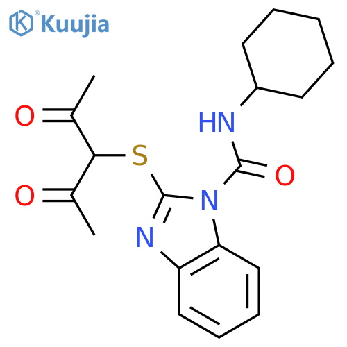 2-(1-Acetyl-2-oxopropyl)thio-N-cyclohexyl-1H-benzimidazole-1-carboxamide structure