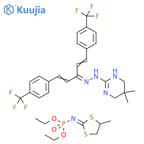 Phosphoramidic acid, (4-methyl-1,3-dithiolan-2-ylidene)-, diethyl ester, mixt. with tetrahydro-5,5-dimethyl-2(1H)-pyrimidinone [3-[4-(trifluoromethyl)phenyl]-1-[2-[4-(trifluoromethyl)phenyl]ethenyl]-2-propenylidene]hydrazone (9CI) structure