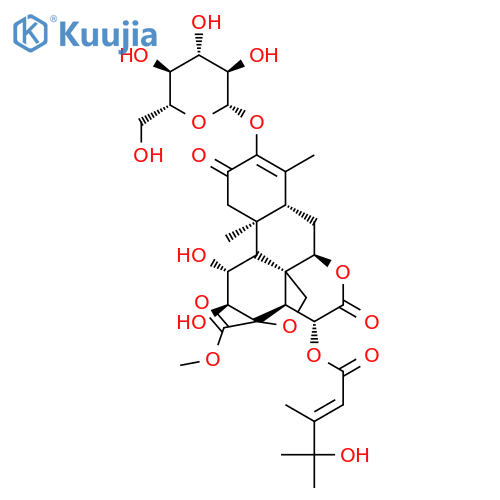 methyl (11beta,12alpha,13xi,15beta)-3-(beta-D-glucopyranosyloxy)-11,12-dihydroxy-15-{[(2E)-4-hydroxy-3,4-dimethylpent-2-enoyl]oxy}-2,16-dioxo-13,20-epoxypicras-3-en-21-oate structure